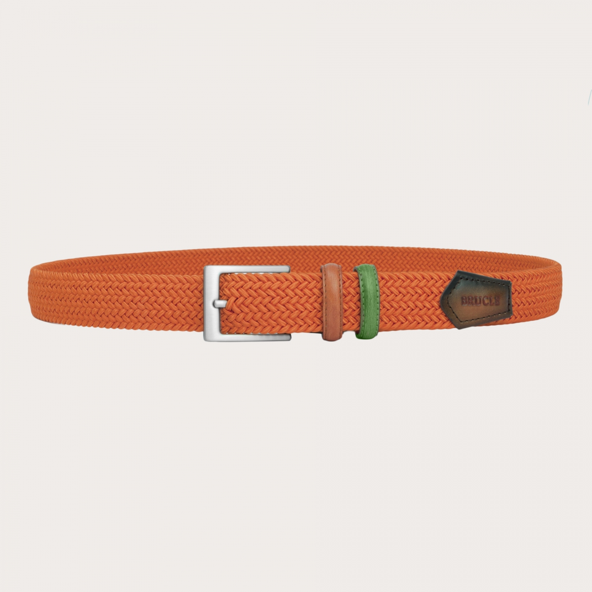 BRUCLE Cinturón elástico trenzado naranja con partes de piel bicolor tamponada a mano