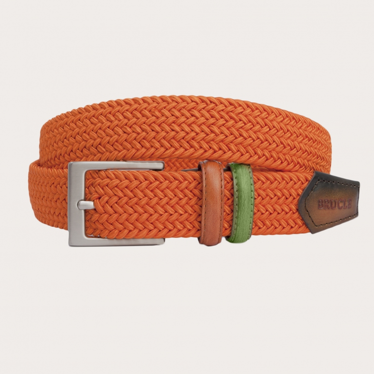 Cinturón elástico trenzado naranja con partes de piel bicolor tamponada a mano