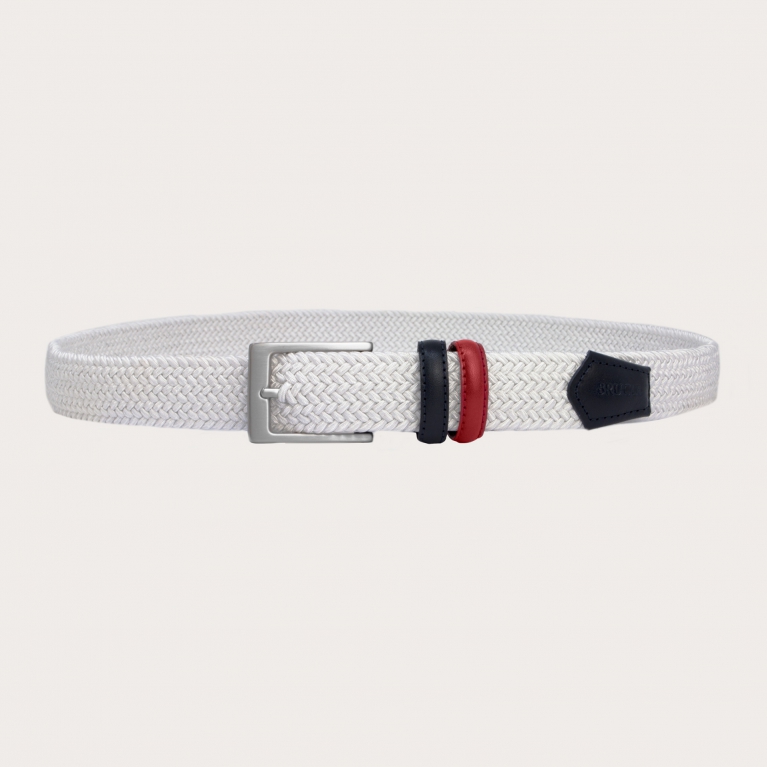 Braided white elastic belt with hand-buffered two-tone leather parts