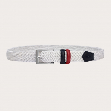 Cinturón elástico trenzado blanco con partes de piel bicolor tamponada a mano