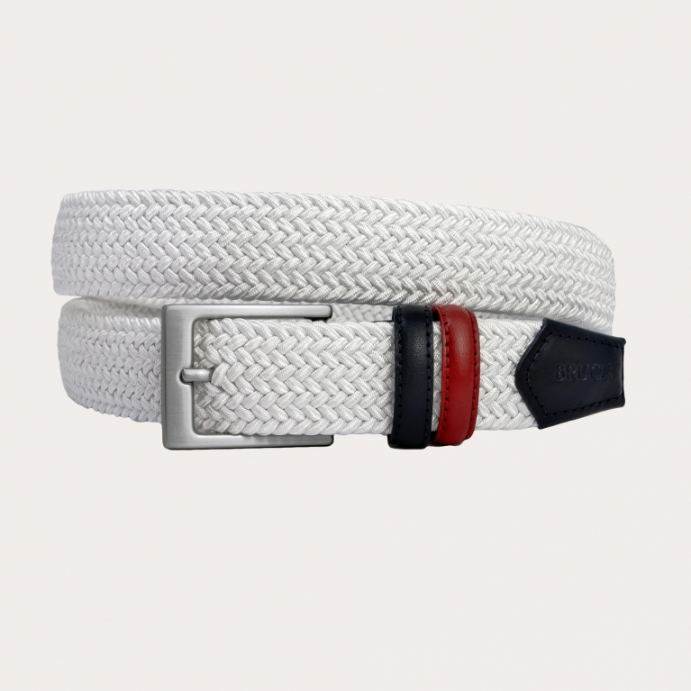 Braided white elastic belt with hand-buffered two-tone leather parts