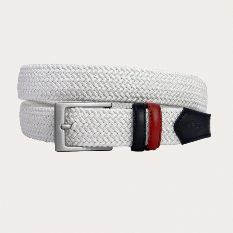 Cinturón elástico trenzado blanco con partes de piel bicolor tamponada a mano