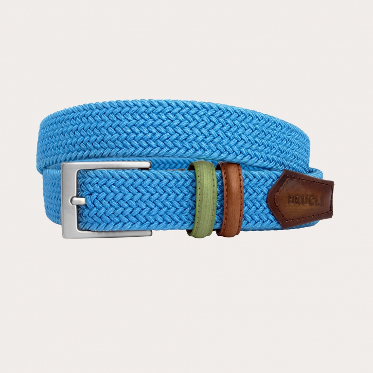 Cinturón elástico trenzado azul claro con partes de piel bicolor tamponada a mano