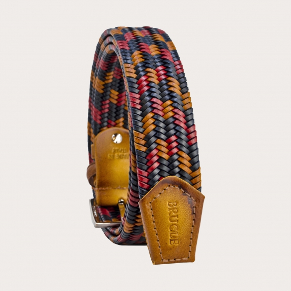 BRUCLE Braided elastic belt in bonded leather, blue, red and ocher