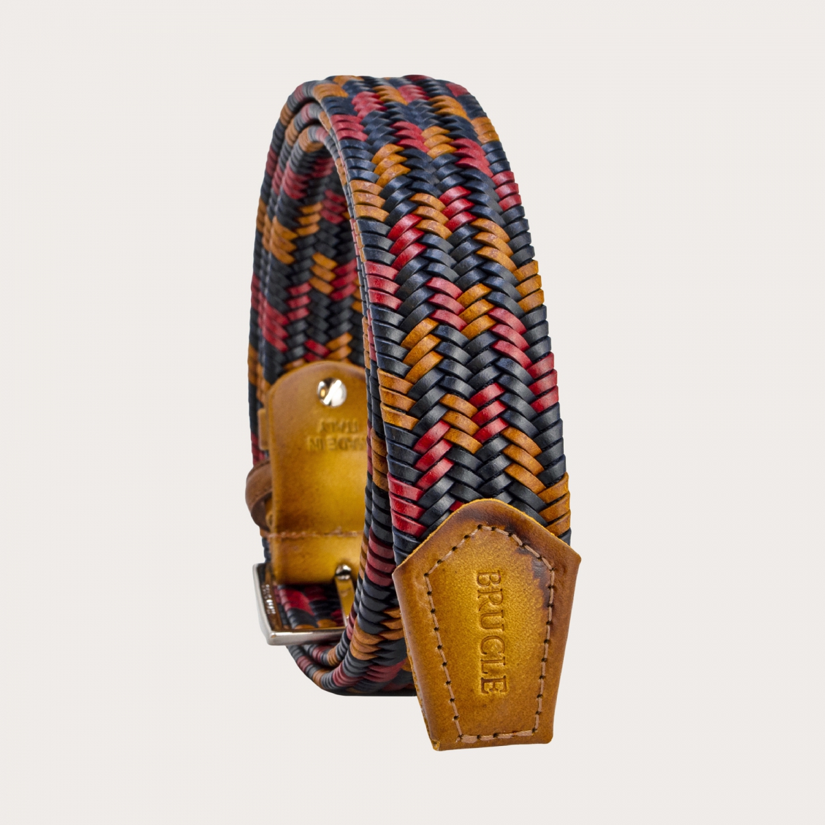 BRUCLE Ceinture élastique tressée en cuir régénéré, bleu, rouge et ocre