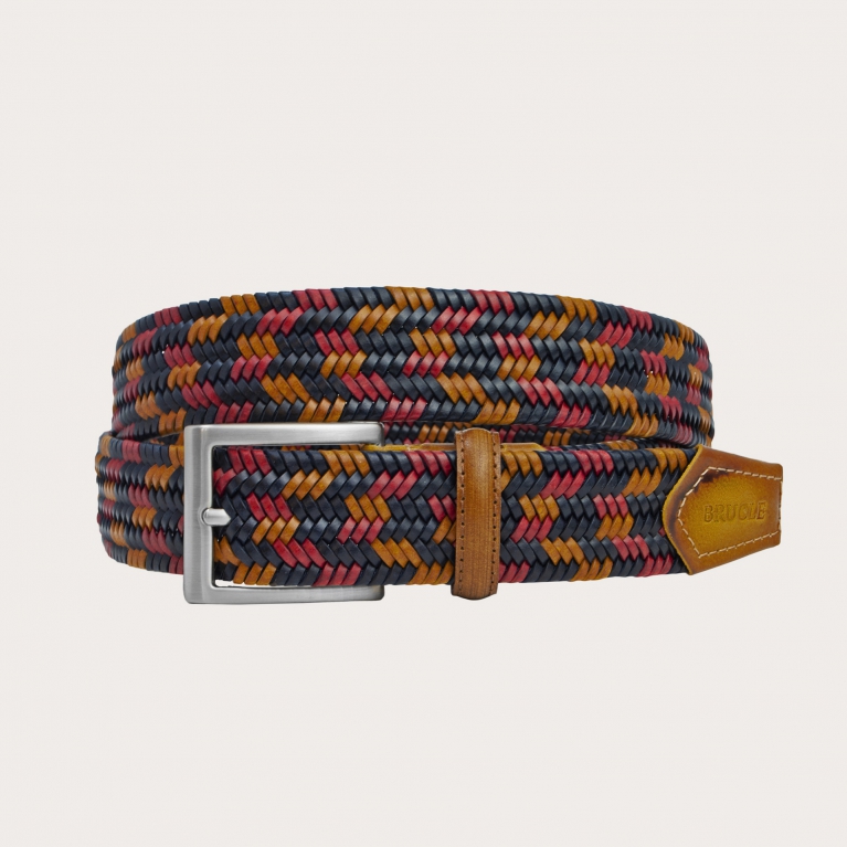 Cinturón elástico trenzado en piel regenerada, azul, rojo y ocre