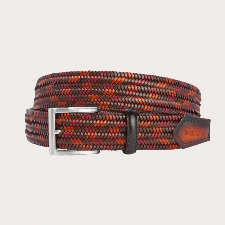 Braided elastic belt in bonded leather, brown, red, burgundy
