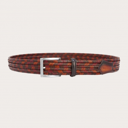 Braided elastic belt in bonded leather, brown, red, burgundy
