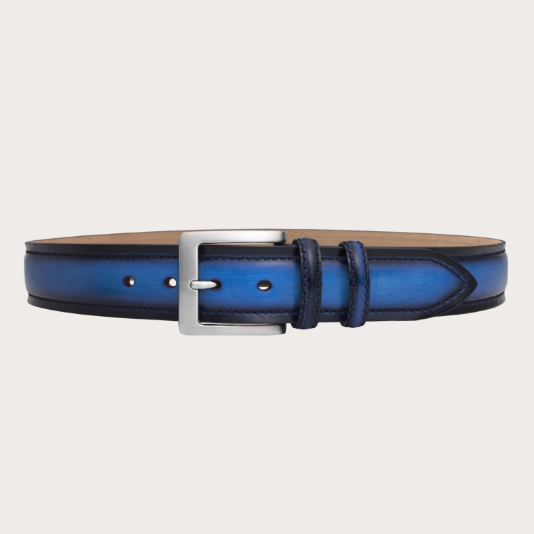 Cinturón alto azul en piel teñida a mano y matizada