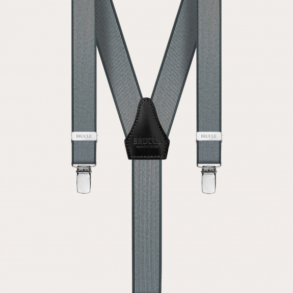 Skinny Y-shape elastic suspenders with clips, grey pattern