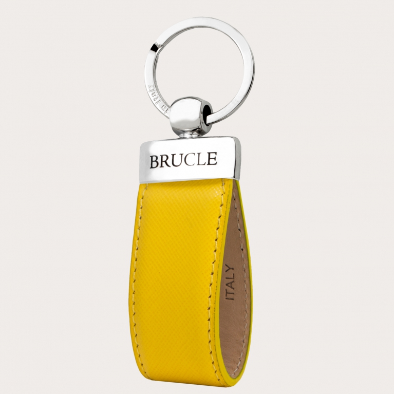 Keychain in genuine leather with saffiano print, yellow