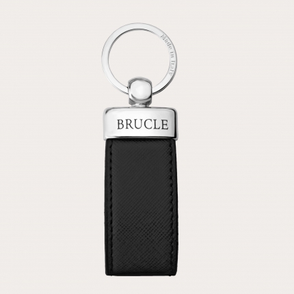 Porte-clés en cuir véritable avec imprimé saffiano, noir