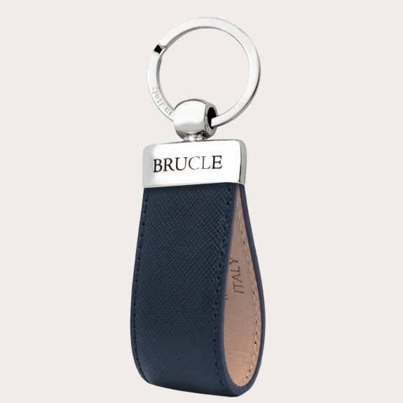 Keychain in genuine leather with saffiano print, navy blue
