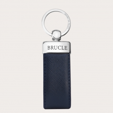 Keychain in genuine leather with saffiano print, navy blue
