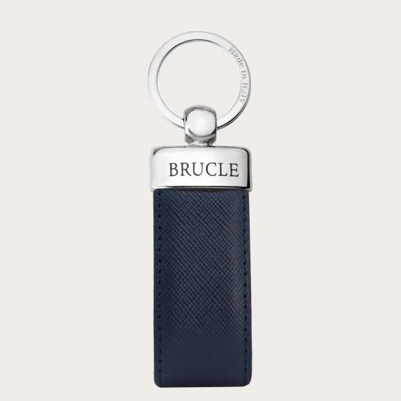 Porte-clés en cuir véritable avec imprimé saffiano, navy blue