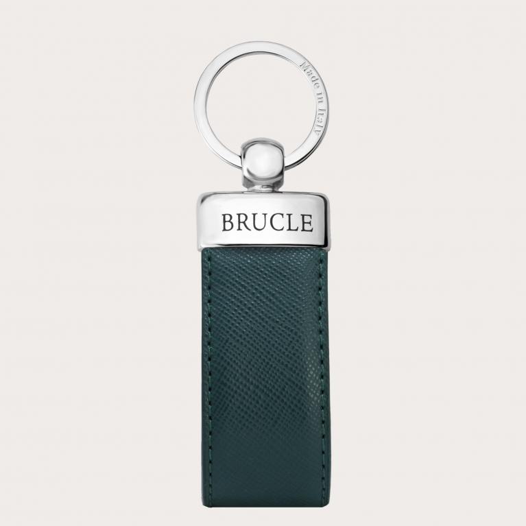 Keychain in genuine leather with saffiano print, forest green