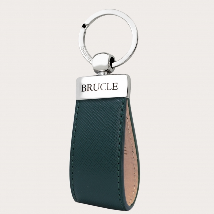 Keychain in genuine leather with saffiano print, forest green
