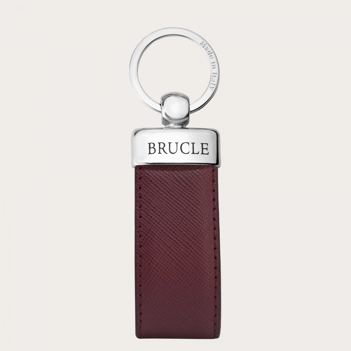 Porte-clés en cuir véritable avec imprimé saffiano, bordeaux