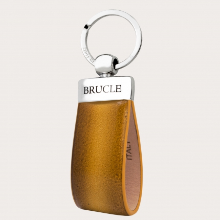 Keychain in hand-colored and hand-shaded leather, yellow and camel
