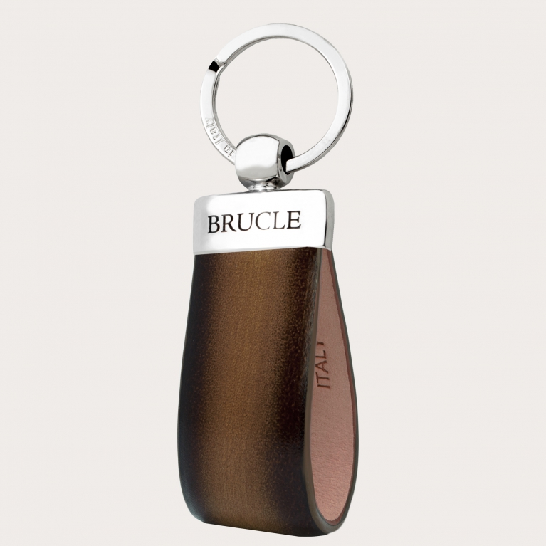 Hand-patinated leather key ring, brown tones