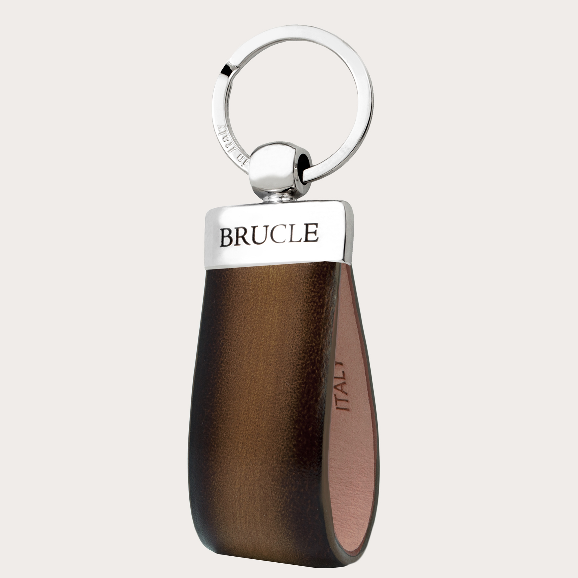 Keychain in hand-colored and hand-shaded leather, tobacco and brown