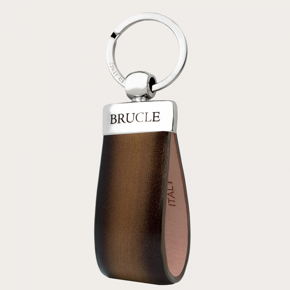 Keychain in hand-colored and hand-shaded leather, tobacco and brown