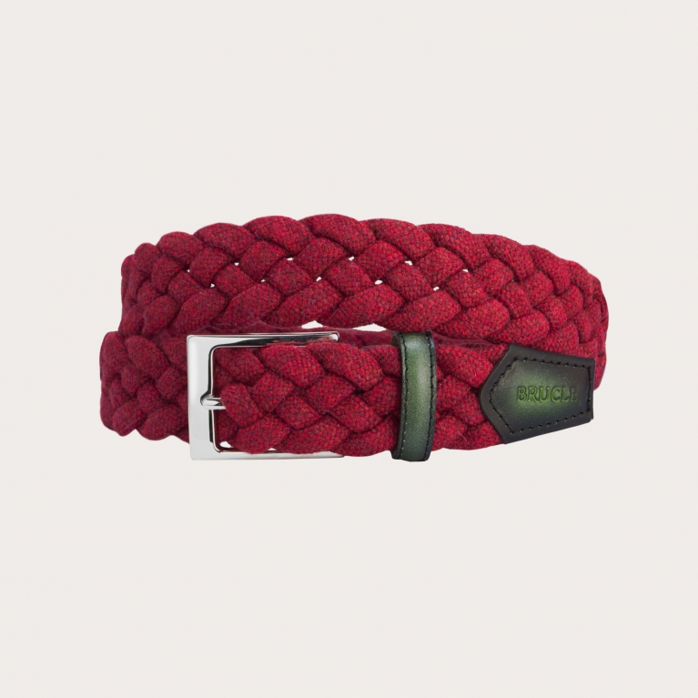 Elastic braided woolen belt, red with shaded leather green