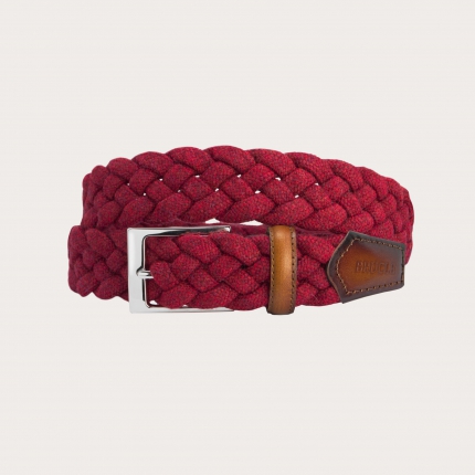 Elastic braided woolen belt, red with shaded leather