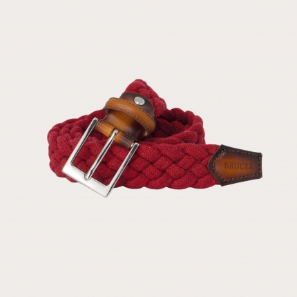Elastic braided woolen belt, red with shaded leather