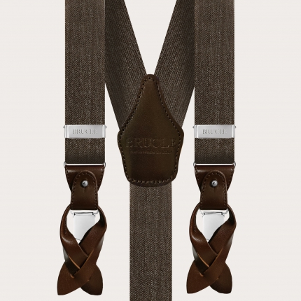 Double use elastic suspenders in brown denim