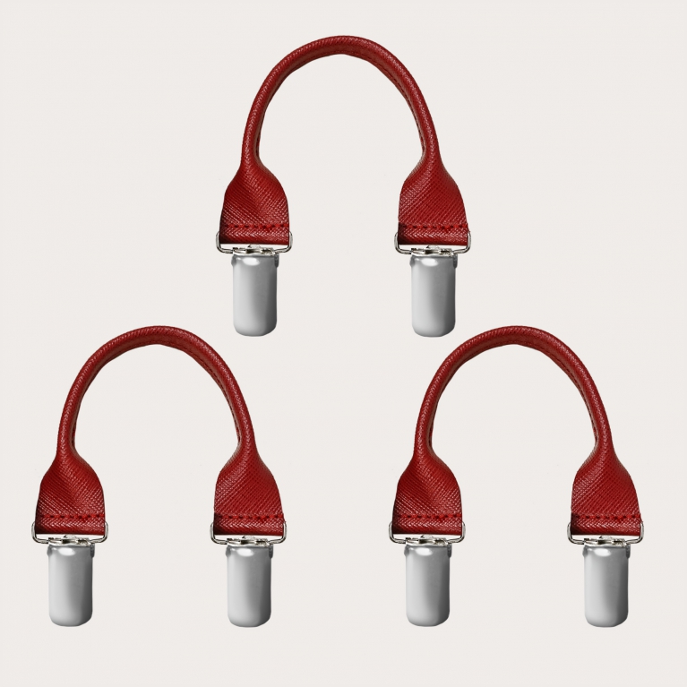 Set di tre baffi in pelle con doppia clip, saffiano rosso rubino