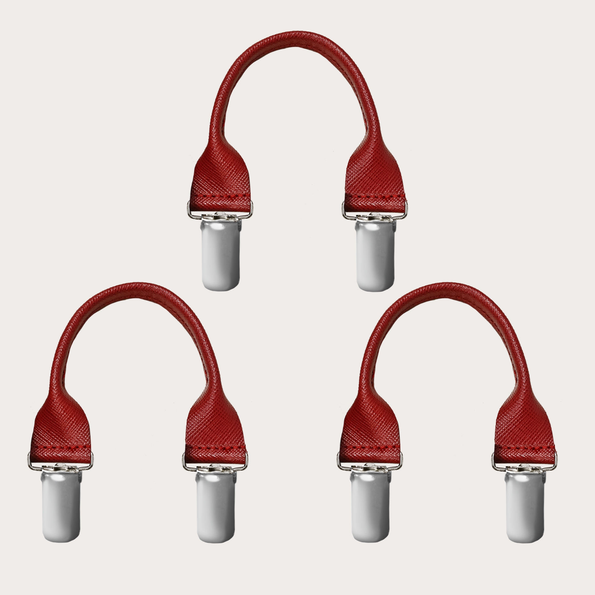 Lot de trois moustaches en cuir à double pince, saffiano rouge rubis
