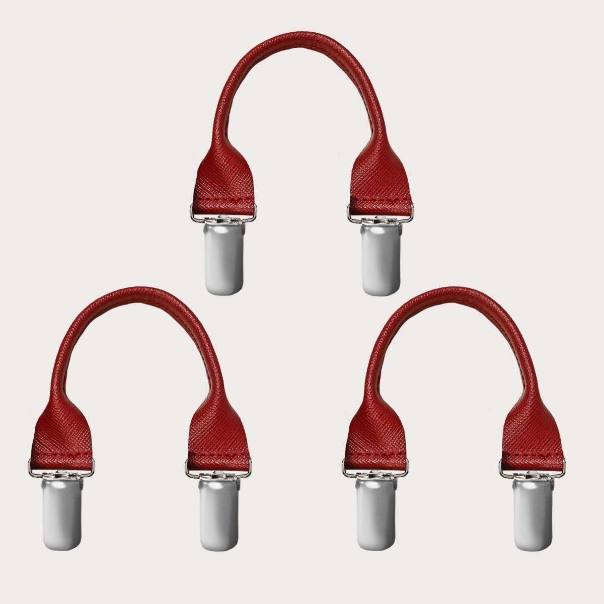 Lot de trois moustaches en cuir à double pince, saffiano rouge rubis