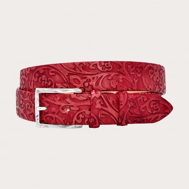 Red belt in buffered leather with embossed floral motif