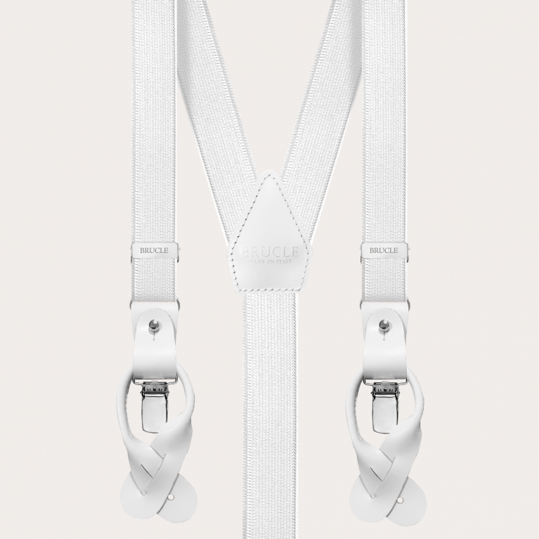 Formal skinny Y-shape elastic suspenders, satin white