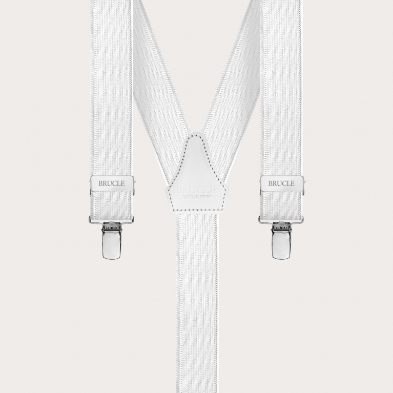 Formal slim Y-shape elastic suspenders with clips, satin pearl white