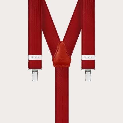 Formal skinny Y-shape elastic suspenders with clips, satin red