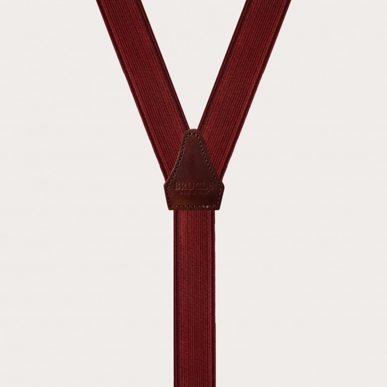 Formal slim Y-shape elastic suspenders with clips, satin burgundy