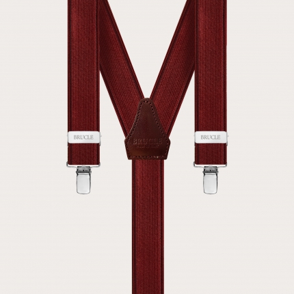Formal slim Y-shape elastic suspenders with clips, satin burgundy