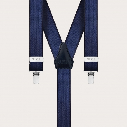 Formal skinny Y-shape elastic suspenders with clips, satin blue navy