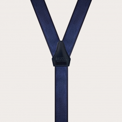 Formal skinny Y-shape elastic suspenders with clips, satin blue navy