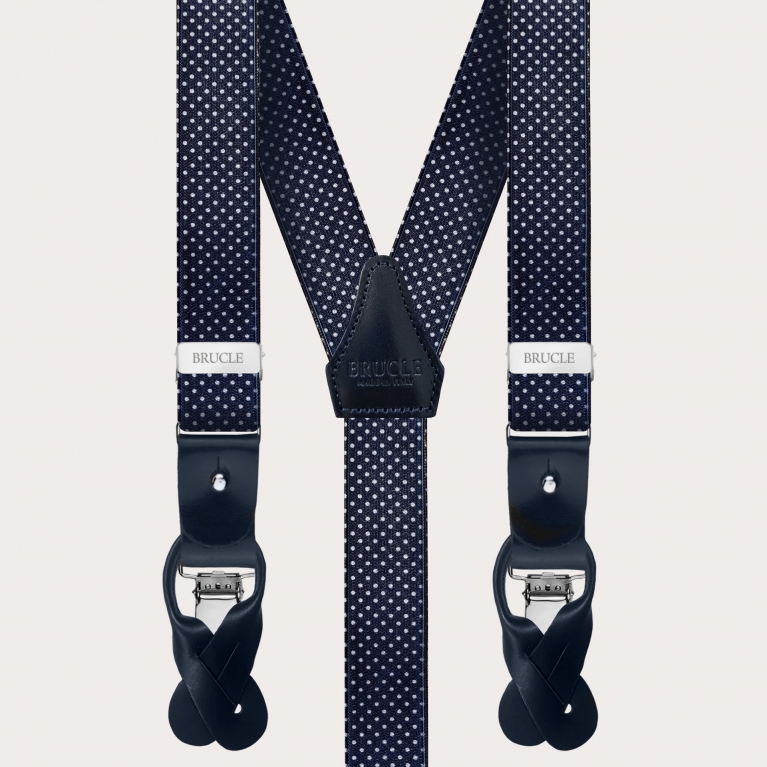 Y-shape elastic suspenders, satin dotted blue