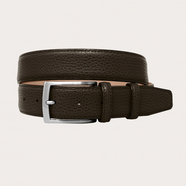 Dark brown leather belt with elk print