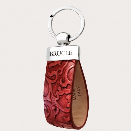 Porte-clés en cuir véritable avec imprimé floral, rouge