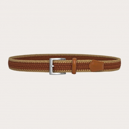 Casual braided elastic belt, beige and cognac