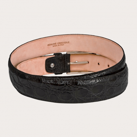 Genuine crocodile flank leather belt, black