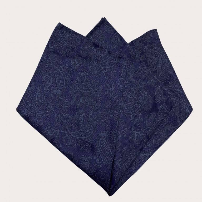 Pochette de costume en soie jacquard, motif paisley bleu marine
