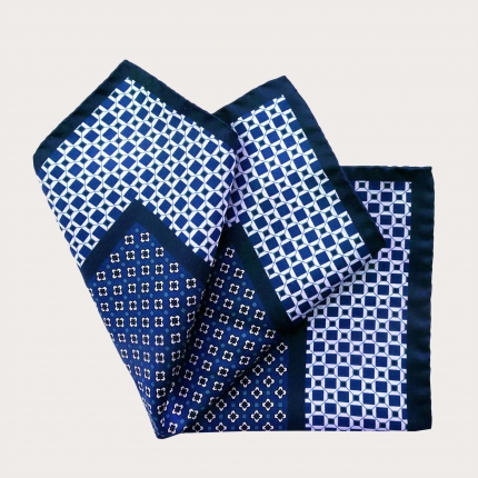 Pochette en soie, motif géométrique fleuri bleu