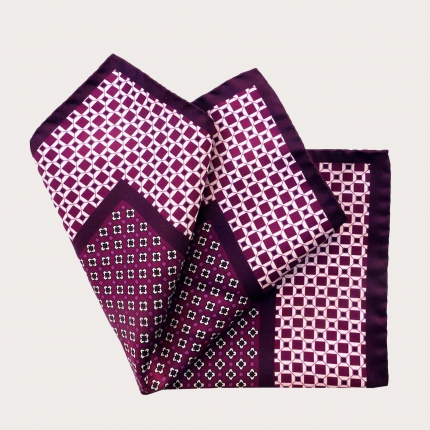 Pocket square in silk, fuchsia floral geometric pattern