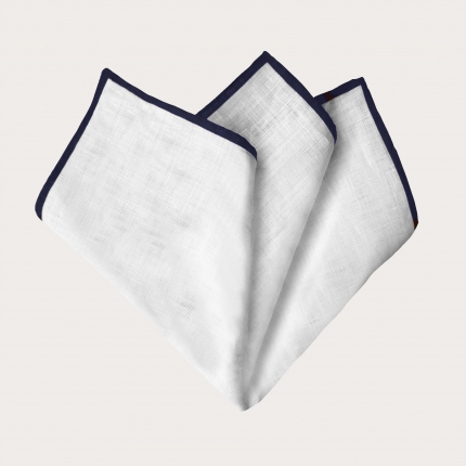 Pañuelo de bolsillo en lino, blanco con bordes azul